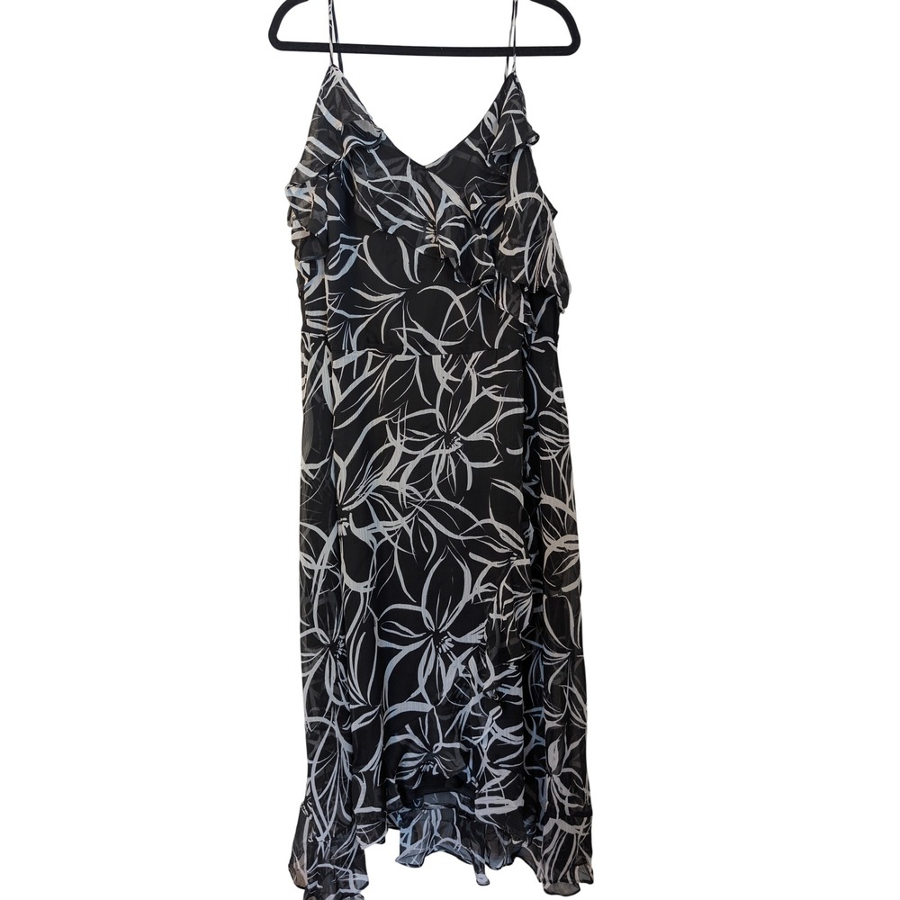 London Times Woman Black White Floral Ruffle Midi Dress US 24W Sleeveless V-Neck